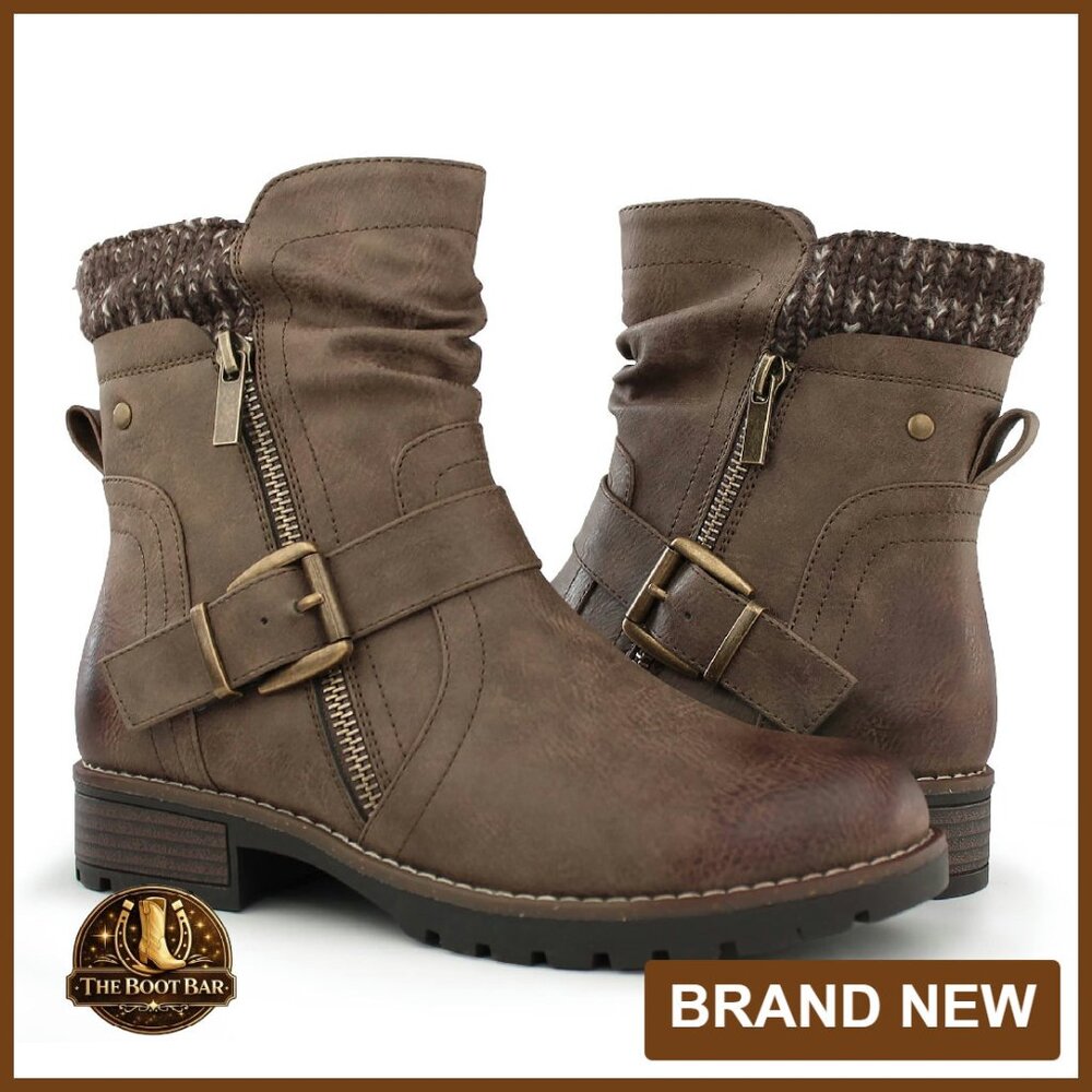 Women's Combat Boots Side Zipper Buckle Ankle Booties Premium Leather